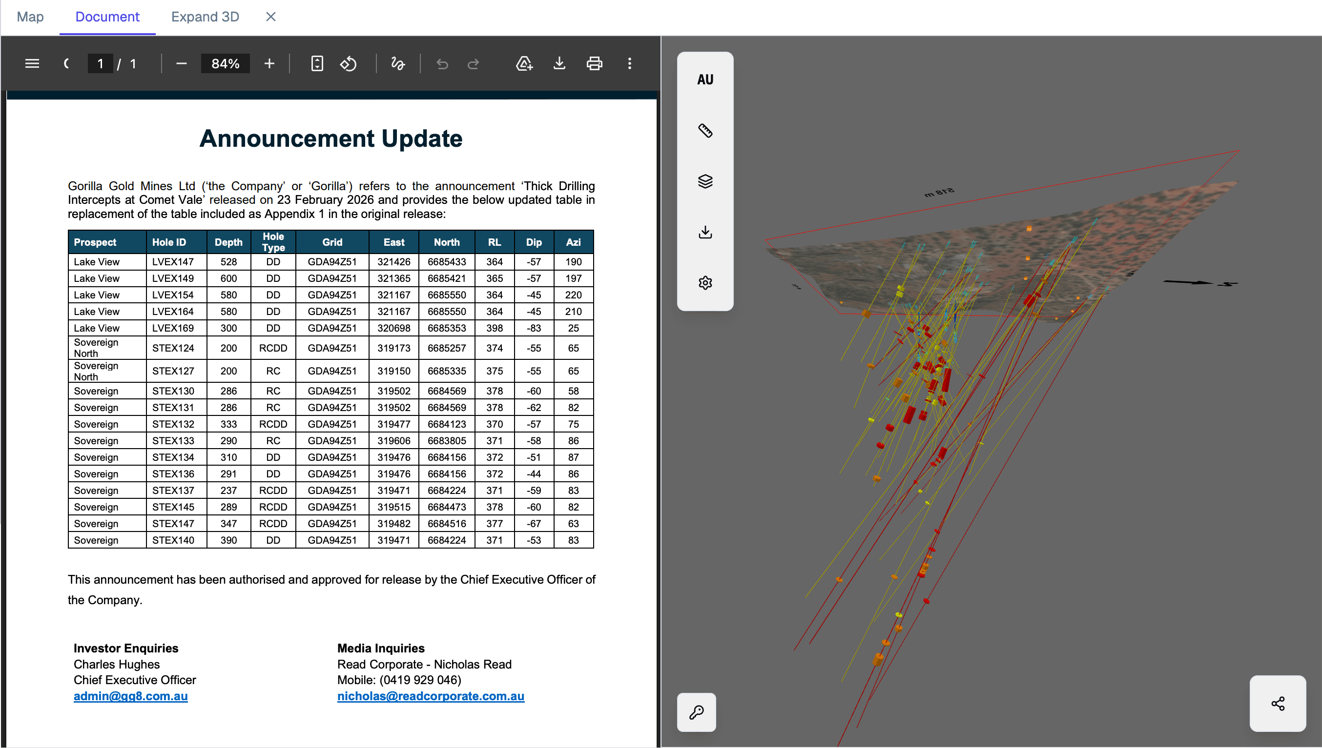 ASX PDF drill table vs same data auto-plotted in 3D viewer