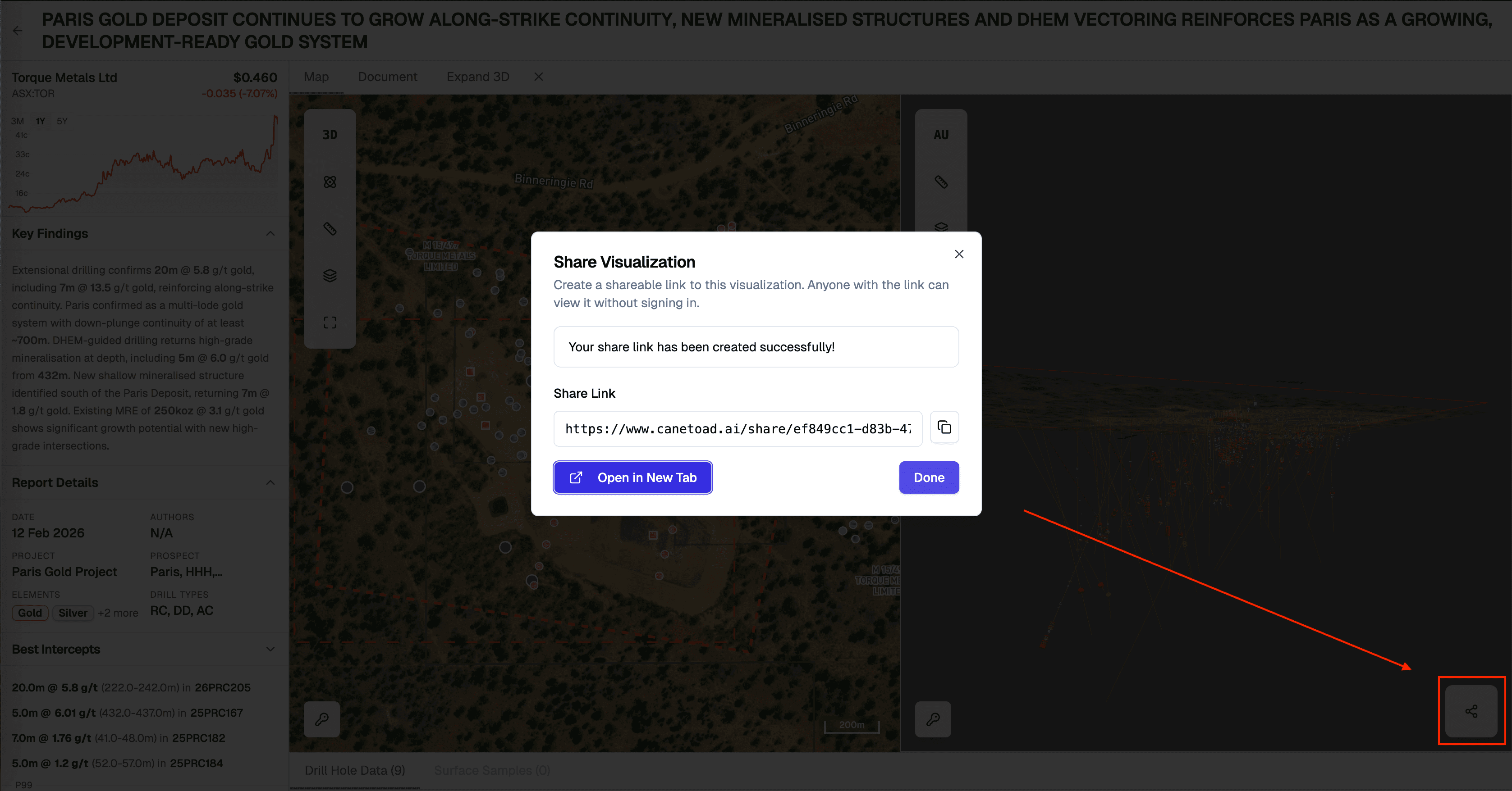 Shared 3D geology view with saved camera angle and filters